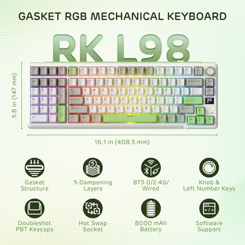 RK ROYAL KLUDGE L98 Wireless Mechanical Keyboard w/Southpaw Numpad | Left-Handed Gasket Gaming Keyboard with Knob, Tri-Mode 95% Hot Swappable Keyboard BT/2.4G/USB-C, Massive 8000mAh Battery - color: Lemon Green, size: Tactile Beige Switch