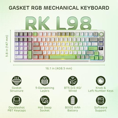 RK ROYAL KLUDGE L98 Wireless Mechanical Keyboard w/Southpaw Numpad | Left-Handed Gasket Gaming Keyboard with Knob, Tri-Mode 95% Hot Swappable Keyboard BT/2.4G/USB-C, Massive 8000mAh Battery - color: Lemon Green, size: Tactile Beige Switch