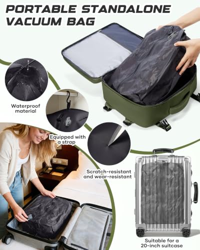 Travel Backpack for Women Men with Compression Vacuum Storage Bag & Electric Pump, Flight Approved Carry On Backpack, Frontier Spirit Airlines Personal Item Bag 18x14x8, Olive Green - color: Olive Green