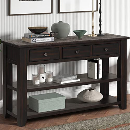 48’’ Modern Farmhouse Wood Entryway Console Table with Storage (Black) | 3-Tier Sofa Table Behind Couch, 3 Drawers, 2 Open Shelves, Easy Assembly, for Living Room, Foyer, Hallway - color: Black