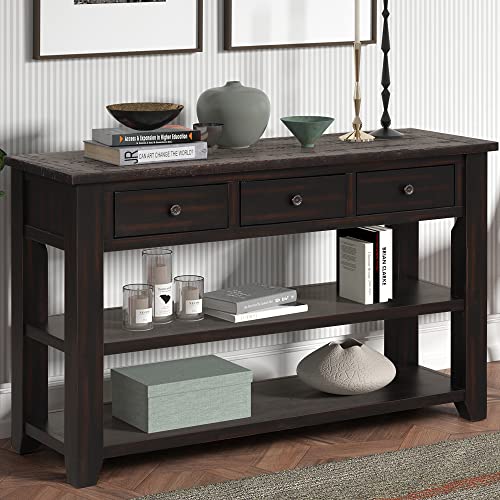 48’’ Modern Farmhouse Wood Entryway Console Table with Storage (Black) | 3-Tier Sofa Table Behind Couch, 3 Drawers, 2 Open Shelves, Easy Assembly, for Living Room, Foyer, Hallway - color: Black