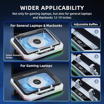 RGB Laptop Cooling Pad with LED Touch Screen, 3500 RPM Turbofan Notebook Cooler for 12-21 Inch Gaming Laptops, 3-Port USB Hub, Adjustable Stand to Prevent Overheating & Boost Performance