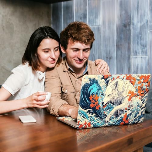 Universal Laptop Skin Sticker Decal, Compatible with MacBook HP Dell Lenovo 12"-15.6", Reusable Vinyl Notebook Cover 3PCS Set, High-Recognition Film-White Wolf in the Waves - color: White wolf in the waves