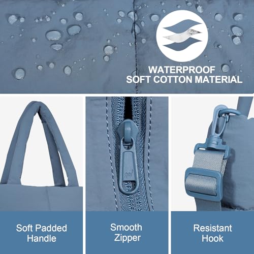 NOL Large Puffy Quilted Tote Bag for Women, Lightweight with Removable Strap & Zippered Compartments for Travel & Work - color: Dusty Blue