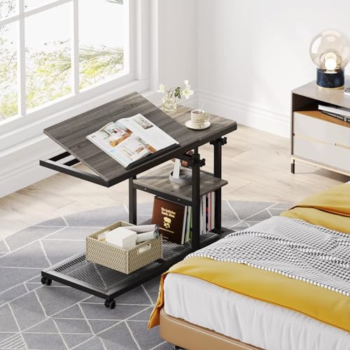 Tribesigns Height Adjustable C Table with Wheels, Mobile Couch Snack Side Table with Tiltable Drawing Board, Sofa Bedside Laptop Stand C Shaped TV Tray with Storage Shelves (Grey) - color: Grey+black