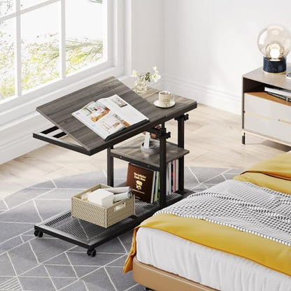 Tribesigns Height Adjustable C Table with Wheels, Mobile Couch Snack Side Table with Tiltable Drawing Board, Sofa Bedside Laptop Stand C Shaped TV Tray with Storage Shelves (Grey) - color: Grey+black