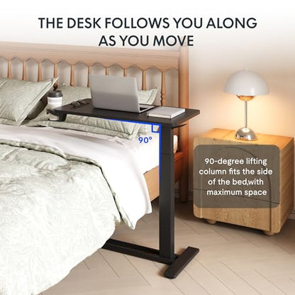 FLEXISPOT H7 Adjustable Overbed Bedside Table with Wheels Pneumatic Mobile Standing Desk Laptop Desk Rolling Computer Cart Movable Overbed Table Hospital Home Use(31.5" W x 17.7" D, Black Large) - color: Black, size: Large