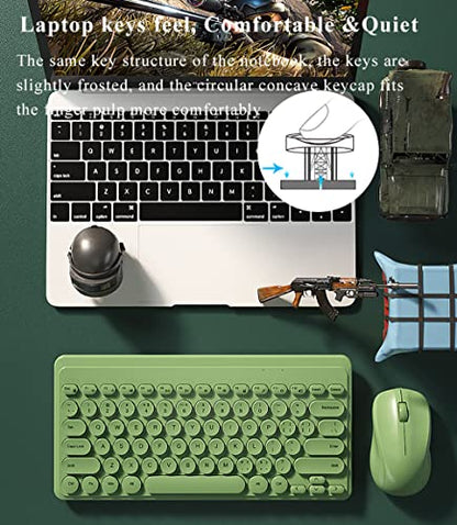 Compact Keyboard MouseCombo,JieruiDeng 79-Key Retro Mini Cute Computer Keyboard 2.4G USB Wireless and Silent Mice Set for Laptop Desktop PC iPad (Green) - color: Green