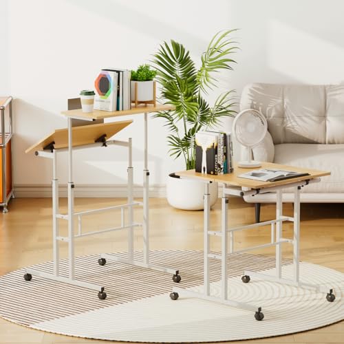 Athena Collection Rolling Standing Desk Small Mobile Table, Natural | 4 Lockable Wheels, Engineered Wood Split Top, Adjustable Height for Home Office Computer Workstation - color: Natural