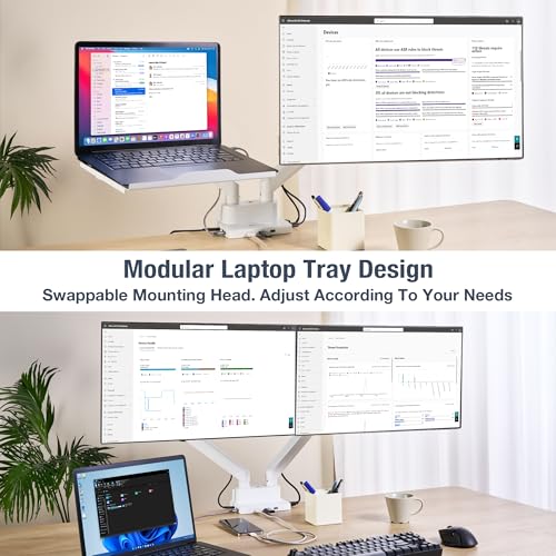 AVLT Laptop & Monitor Arm Desk Mount for 17-38" Screens, USB-C Dock - White | Supports flat/curved screens up to 22 lbs each. 12-17" laptop tray, 7-in-1 USB-C dock, HDMI 4K60, Ethernet and 100W PD - color: White