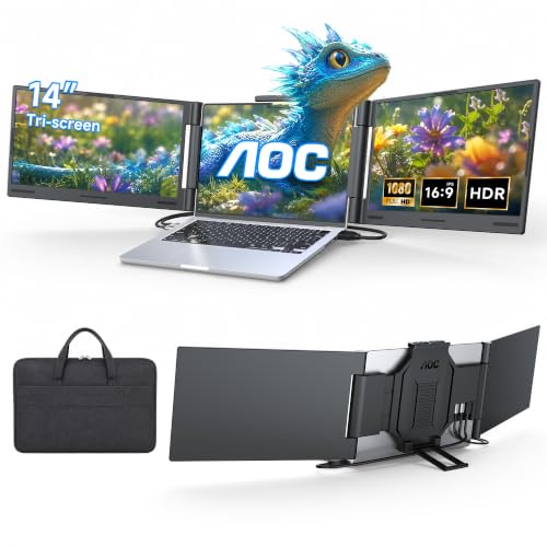 AOC 14" Laptop Screen Extender, Triple Portable Monitor for 13”-17.3" Laptops, 1080P FHD IPS Display, HDMI/USB-C Cable Plug-Play Laptop Monitor Extender for Mac/Windows (Black) - color: Black