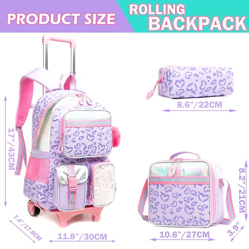 Meetbelify Girls Rolling Backpack with Wheels - Cute Kawaii Carry On Backpack for Elementary Students - Purple with Lunch Box - color: Love Purple