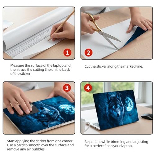 Universal Laptop Skin Sticker Decal, 12"-15.6" Aesthetic Vinyl Wrap, Blue Wolf with Glowing Moon Waterproof Notebook Cover Art Protector for MacBook HP Dell Lenovo, Fits 13" 14" 15" 15.6" - color: Blue Wolf with Glowing Moon