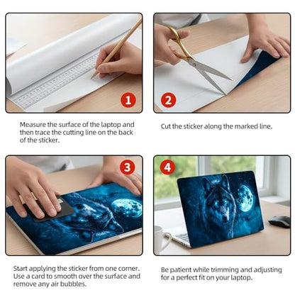 Universal Laptop Skin Sticker Decal, 12"-15.6" Aesthetic Vinyl Wrap, Blue Wolf with Glowing Moon Waterproof Notebook Cover Art Protector for MacBook HP Dell Lenovo, Fits 13" 14" 15" 15.6" - color: Blue Wolf with Glowing Moon