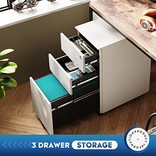 DEVAISE Slim File Cabinet with Lock, 3 Drawer Mobile Filing Cabinet for Legal/Letter/A4 Size, Fully Assembled Except Wheels, White - color: White, size: 17"D x 12"W x 24"H