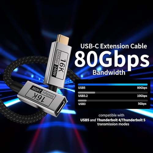 Short USB C Extension Cable 1FT Compatible with Thunderbolt 5,80Gbps Data Transfer & 240W Fast Charging,16K@60Hz/8K@120Hz Video for Display,USB C Male to Female Extender for Thunderbolt 4/3 - size: 1FT