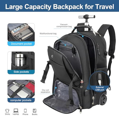 Travel Vacuum Backpack with Wheels for Women Men, 50L Rolling Vacpack Backpack with Vacuum System, Laptop Compartment, TSA Lock, Dry-Wet Pocket Luggage suitcase, Air Travel, Weekend Trips - color: Black(included Pump)