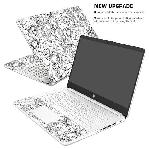 Laptop Skin Decal HP 15.6" - Black White Botanical, Laptop Cover Sticker, No Cutting Required, No Bubble, Waterproof, Scratch Resistant - Including Wide Screen and Wrist Pad - size: 15.6 inch