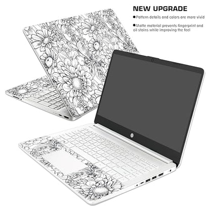 Laptop Skin Decal HP 15.6" - Black White Botanical, Laptop Cover Sticker, No Cutting Required, No Bubble, Waterproof, Scratch Resistant - Including Wide Screen and Wrist Pad - size: 15.6 inch