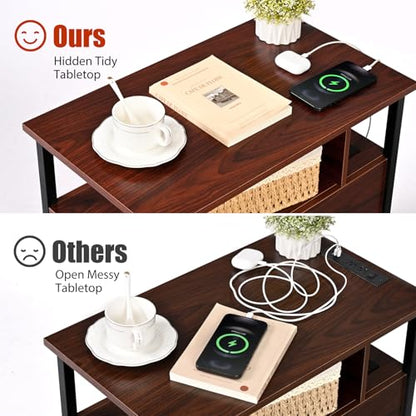 Narrow Side Tables with Charging Station, Narrow End Table with Wooden Drawers, USB Ports and Power Outlets, Nightstand and Bedside Table for Bedroom, End Tables Living Room, Espresso