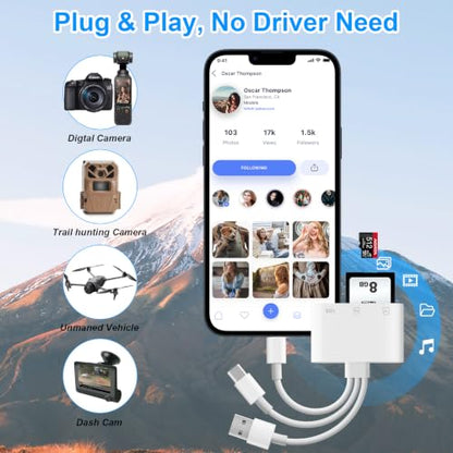 SD Card Reader for iPhone iPad Mac, 3 in 1 Memory SD Card Adapter, USB C & Lightning & USB-A Digital Camera Adapter to iPhone with SD/MicroSD/USB OTG Slots, High-Speed Plug & Play for Computer Laptop