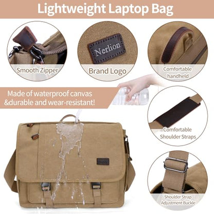 Nerlion Messenger Bag for Men 17-17.3 Inch Laptop Bag Canvas Water-resistant Computer Bag Shoulder Bag Work Briefcase Bookbag for College (Brown) - color: Brown