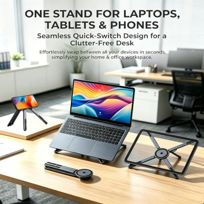 4-in-1 Foldable Laptop Stand with N52 Magnetic Phone Holder, Portable Aluminum Computer Stand for MacBook/ iPad/ Tablet, Adjustable Ergonomic Desk Stand for Home Office College Dorm & Travel Giftable