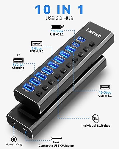 Powered USB Hub 3.2, LEINSIS 10-Port USB 3.2/USB C Hub (10Gbps USB-A 3.2 +2 USB-C 3.2 +7 USB 3.0 Ports) with Individual On/Off Switches and 12V Power Adapter, Aluminum USB Hub Powered for Laptop PC - size: 10-Port USB 3.2 Hub