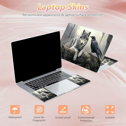 Laptop Skin Sticker Decal 12" 13" 13.3" 14" 15" 15.6",Waterproof Scratch Resistant Vinyl,Reusable Easy to Apply,for MacBook HP Dell Notebooks Netbooks Laptop,2 Wrist Pads,Crow Wolf Forest - color: Crow Wolf Forest
