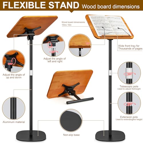 2 in 1 Dual-use Music Stand & Desktop Book Stand, Adjustable Height 16.5"-51", 100% Solid Wood Laptop Floor Stand Book Holder with Elastic Page Clips for Cookbooks (Brown) - color: Brown