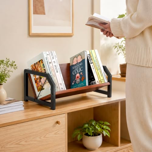 Desktop Bookshelf Organizer, Tilting Bookcase, Reddish Brown | Rustic Wood & Sturdy Metal Frame, Saves Desktop Space for Books/CDs/Magazine Display