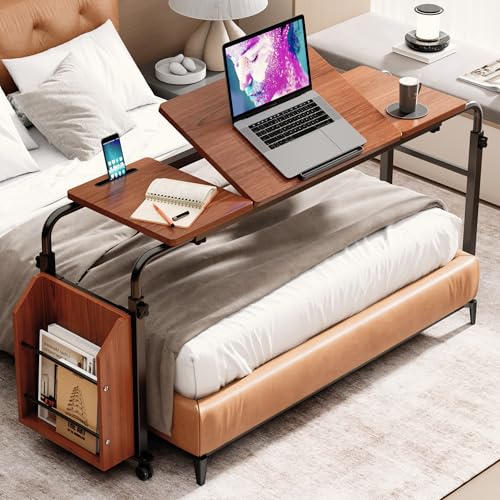 Laptop Desk for Bed,6-Angle Adjustable Overbed Table with Wheels,Adjustable Height and Length Bed Table for Laptop with Side Bookshelf,Standing Desk,Over Bed Desk for Working Hospital Home (Oaken) - color: Oaken
