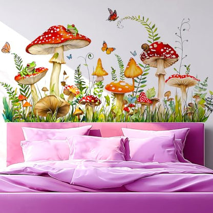 Mushroom Wall Decals Peel and Stick, Frog Butterflies Grass Vinyl Wall Stickers, Removable Home Decor Art for Bedroom Living Room Classroom Office - style: Mushroom#1