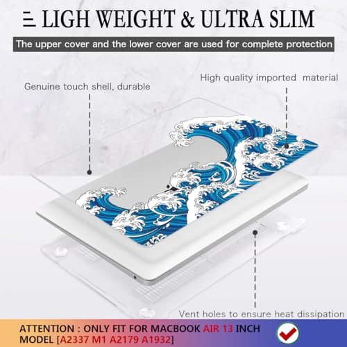 CISSOOK Compatible with MacBook Air 13 inch M1 Case A2337 A2179 A1932 | 2021 2020 2019 2018, 4in1 Set Hard Shell Case Keyboard Cover Screen Protector for MacBook Air 13.3 inch, Ocean - color: Great Wave