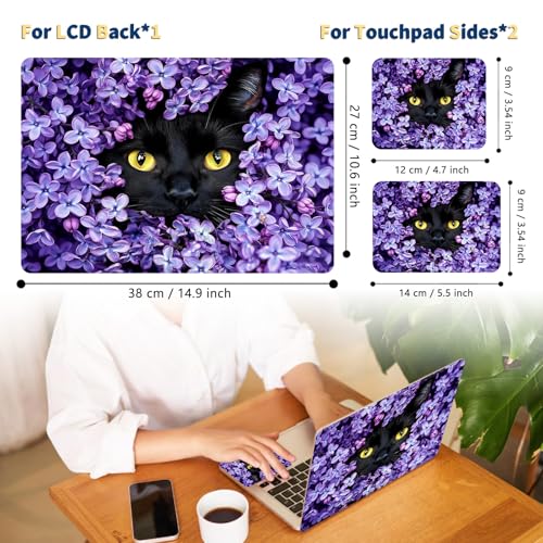 Universal Laptop Skin for 13-16 Inch Laptops,Vinyl Protective Sticker Decal,Easy DIY Trim-to-Fit for HP/Dell/MacBook,Bubble-Free & Removable,Black Cat Purple Flower - color: Black Cat Purple Flower