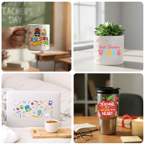 Peacoblue UV DTF Cup Wraps Transfer Stickers Teacher's Day Stationery Pattern, 10 Sheets Waterproof Custom Vinyl Transfer Sticker 16oz Coffee Glass Cup Tumbler Bottle Mug Decals for Men Women - style: Teacher's Day Stationery