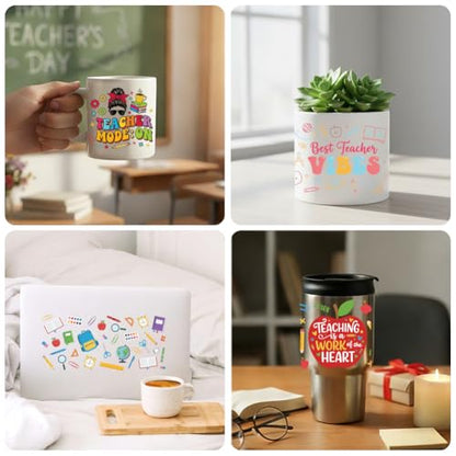 Peacoblue UV DTF Cup Wraps Transfer Stickers Teacher's Day Stationery Pattern, 10 Sheets Waterproof Custom Vinyl Transfer Sticker 16oz Coffee Glass Cup Tumbler Bottle Mug Decals for Men Women - style: Teacher's Day Stationery