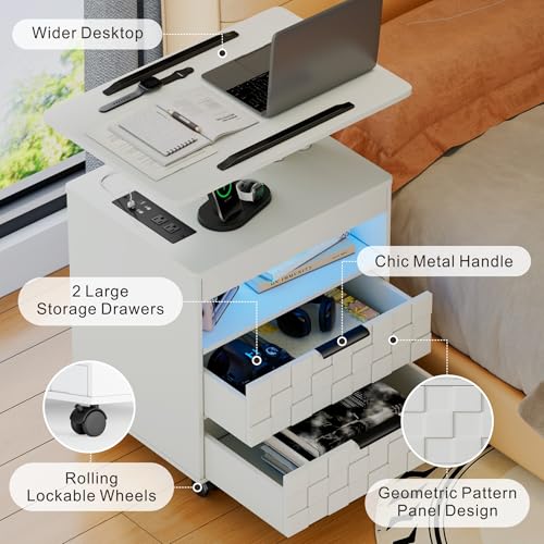 Lareth Rolling Nightstand with Wheels, LED Lights, Charging Station | Height Adjustable, Bedside Table 2 Drawers, Smart Wooden End Table Dorm Side Table Laptop Workstaion, Bedroom, White - color: A White