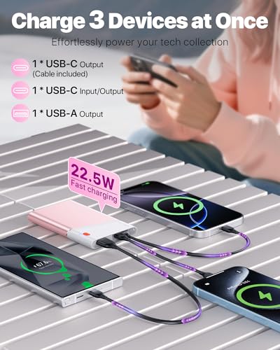 Aaoyun Portable Charger Power Bank, 10000mAh 22.5W PD Fast Charging Powerbank with Built-in USB C Cable, Slim External Phone Battery Pack for iPhone 17/16/15 Samsung S24 Android etc (Pink) - color: Pink-10000mah