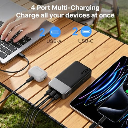 NOBIS 45W 20000mAh Portable Charger Power Bank Fast Charging | Battery Pack with 2 USB-C (in/Out) & 2 USB-A, Digital Display & Small Current Mode, Battery Bank for Phone 17 S25 Tablet - color: Black