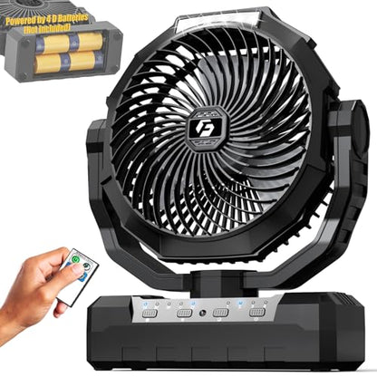 Battery Operated Fan [200H Max], 2 IN 1 D-Cell Battery & USB Powered Fans, Portable Camping Fan with 4 Speeds, Light, Timer, Remote for Outdoor Tent, Travel, Picnic, Office, Bedroom - Black