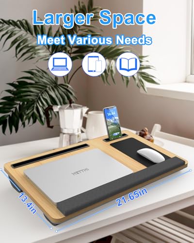 HETTHI Laptop Lap Desk, Portable Large Laptop Desk for Bed, Up to 17 in Lap Table with Wrist Rest, Mouse Pad, Tablet Phone Slot, Portable Handle, Cushion (Light Brown) - color: Light Brown