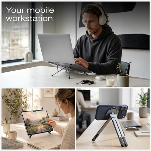 C Coiro 3-in-1 Magnetic Foldable Laptop Stand and Phone Stand for Desk Aluminum Alloy Adjustable Holder 10–16” Laptops & 4–13” Phones/Tablets, Magnetic Compatible with iPhone Android, Silver - color: Silver