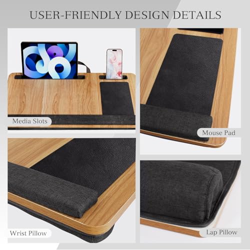Portable Lap Desk for Laptop, Wood Lapdesk Bed Table with Handle Fits up to 15.6 inches Tray Table with Soft Pillow, Mouse Pad, Wrist Pad & iPad/Phone Slots, Laptop Stand 21.6 x 13.4in-Walnut