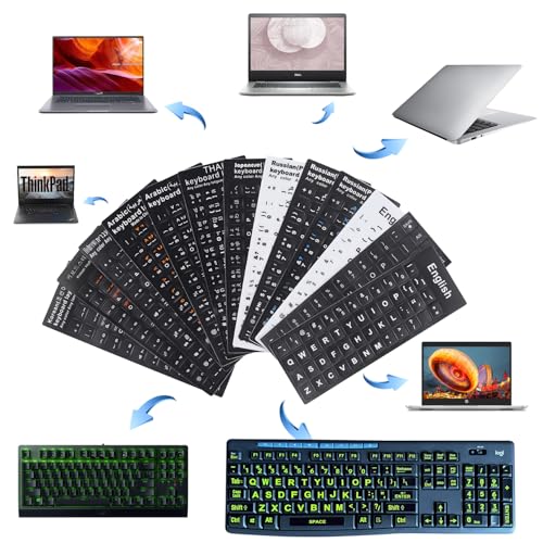 2 Pack English Keyboard Stickers - Big Letter Full Set (120 Pcs), Universal PC Computer Laptop Desktop Keyboard Replacement, Black Background with Bright Yellow Lettering - color: English /Green letters