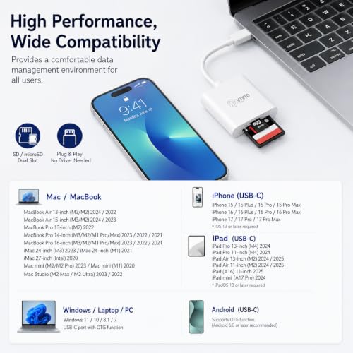 SD Card Reader for iPhone17/16/15 Pro Max/iPad/MacBook, Android Phones | USB C, Support SD, Micro SD & TF Card, Plug and Play, No App Driver Required, USB C SD Cards Reader for Camera Viewer - color: White