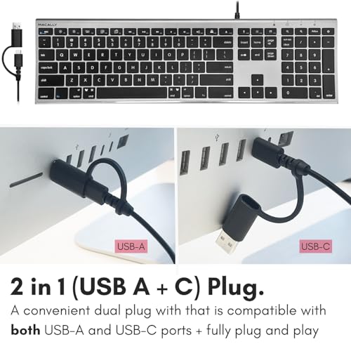 Macally Wired Keyboard for Mac (Upgraded Dual USB A + C Plug) - USB C Keyboard - Ultra Slim, 20 Shortcuts, 110 Scissor Keys - Compatible with Apple MacBook Pro/Air, Mac mini, iMac, iPad - Space Gray - color: Space Gray