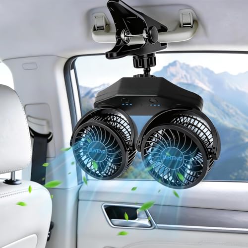 6000mAh Battery Powered Clip Car Fans, 3-Speed Dual Head Clip Car Cooling Fan for Backseat, Independent Switches, 360° Quiet Rotatable Rechargeable Fans with USB Plug for SUV Truck Golf Stroller