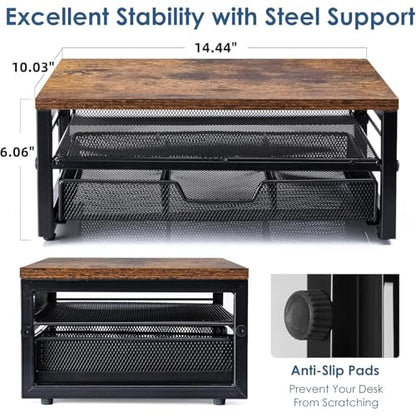 Monitor Riser with Drawers and Pen Holders | Wood & Mesh Metal Computer Monitor Stand with Storage for Desk, Rustic Brown