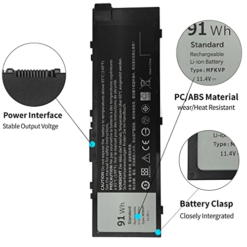 91Wh MFKVP 11.4V Laptop Battery for Dell Precision 15 7510 7520 17 7710 7720 M7510 M7710 GR5D3 M28DH RDYCT 451-BBSF 451-BBSB TWCPG 0FNY7 1G9VM T05W1 - size: 9.6 x 3 x 0.55 inches MFKVP BATTERY
